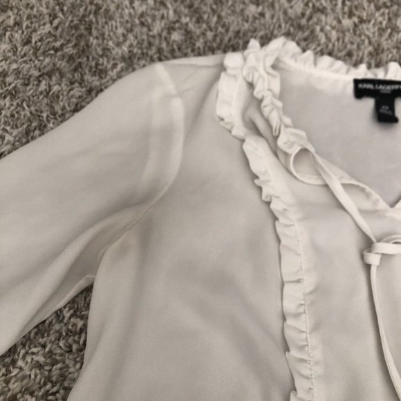 Karl Lagerfeld White 3/4 Bell Sleeve Ruffle Tie Neck Blouse Top Women's Sz XS - Picture 4 of 9